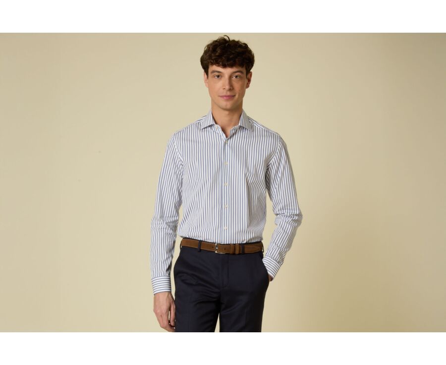 Men’s white shirt with fine blue stripes - DAVIDE CLASSIC