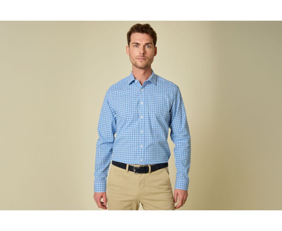Men’s poplin checked shirt in blue and sky blue - VALANCE