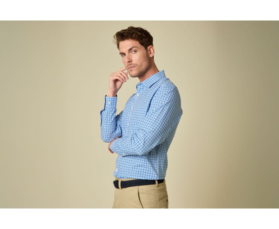 Men’s poplin checked shirt in blue and sky blue - VALANCE