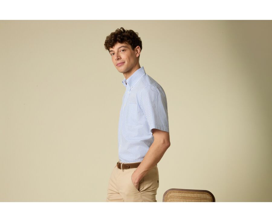 Men’s white shirt with small blue checks - GRAYSON MC