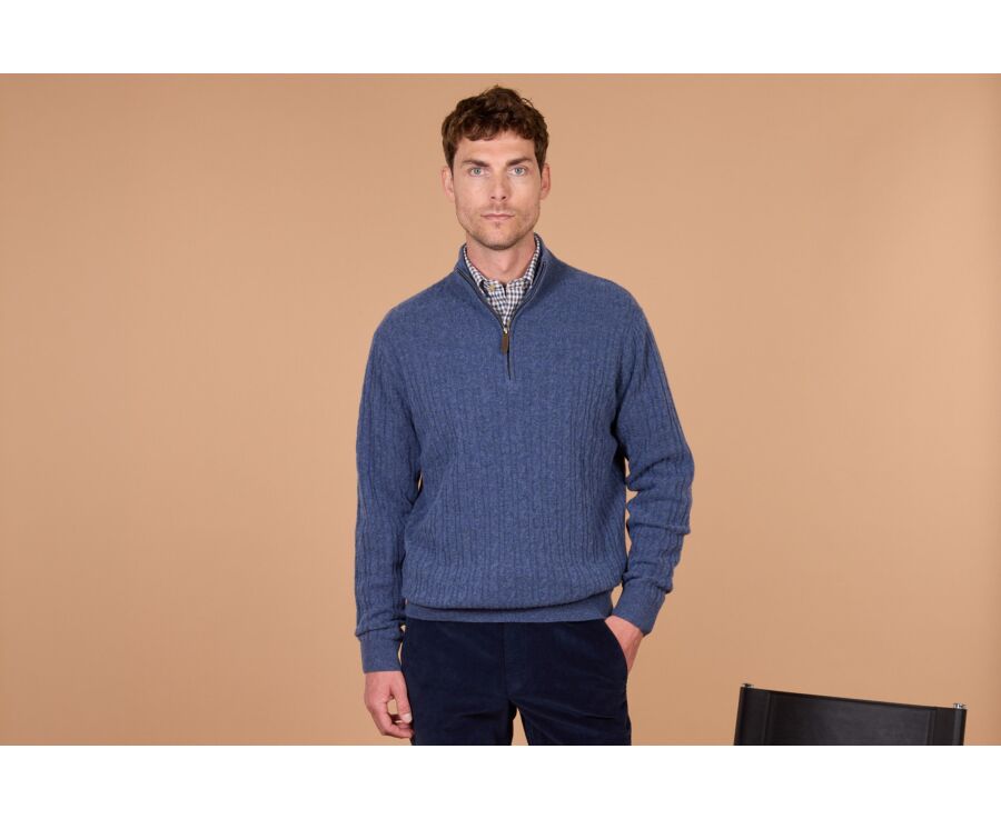 Men's cable knit half-zip dark blue lambswool jumper - KEYDRICK