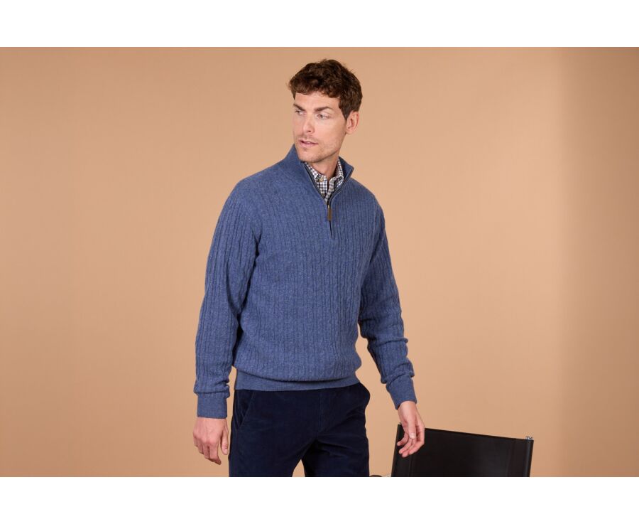 Men's cable knit half-zip dark blue lambswool jumper - KEYDRICK