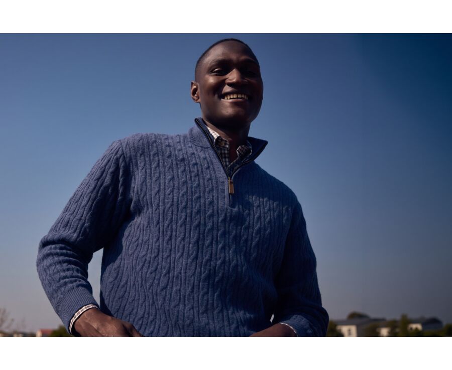 Men's cable knit half-zip dark blue lambswool jumper - KEYDRICK