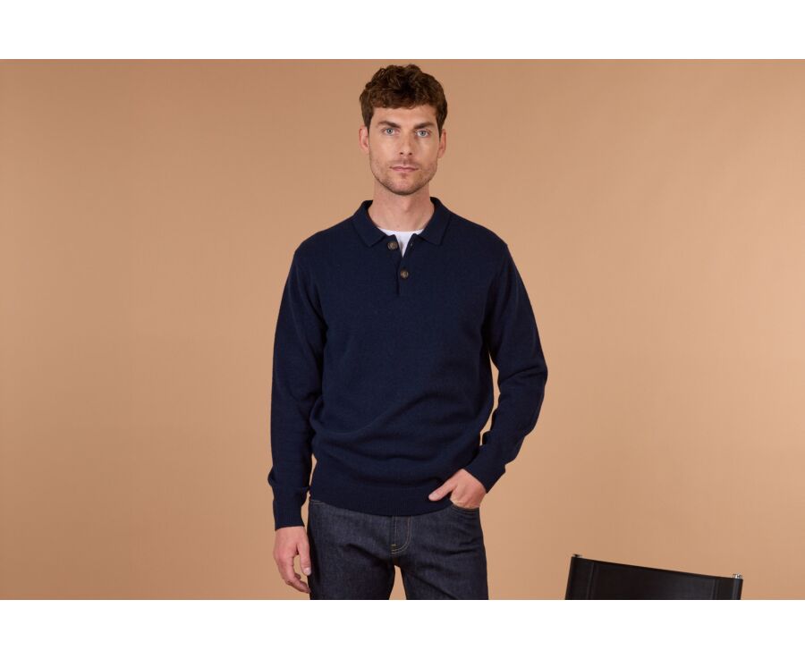 Men's navy blue polo collar lambswool jumper - BRAIDRICK