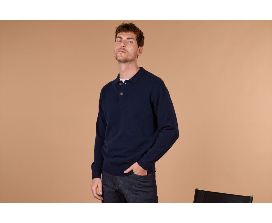 Men's navy blue polo collar lambswool jumper - BRAIDRICK