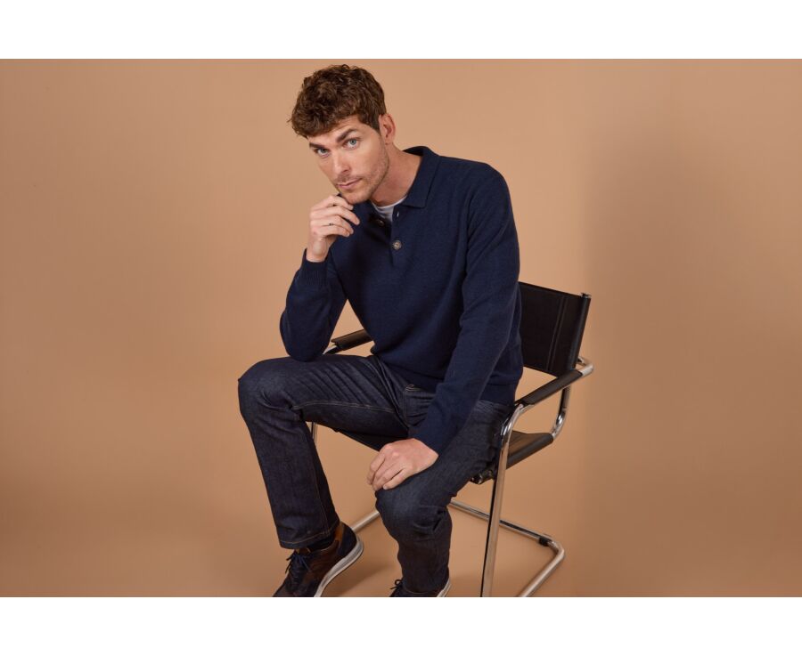 Men's navy blue polo collar lambswool jumper - BRAIDRICK