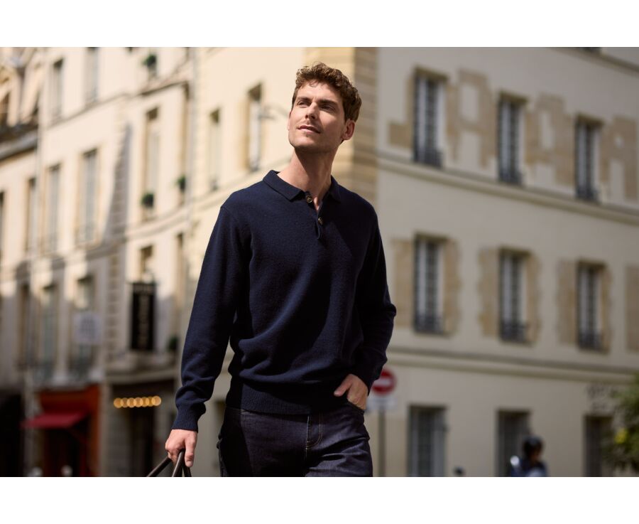 Men's navy blue polo collar lambswool jumper - BRAIDRICK