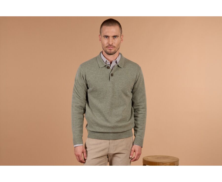 Men's light khaki mélange polo collar lambswool jumper - BRAIDRICK