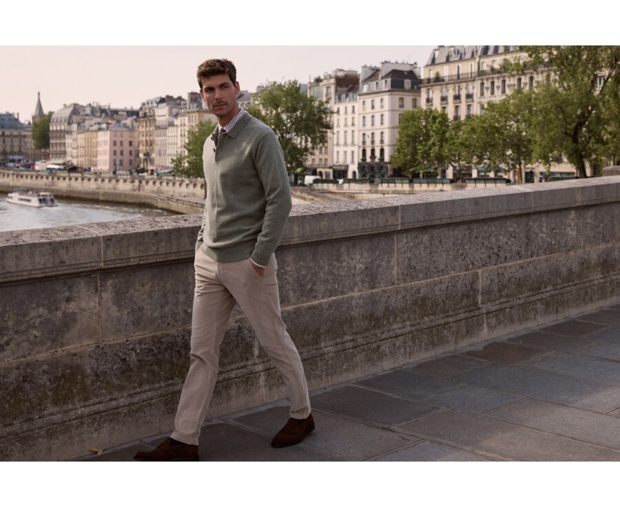 Men's light khaki mélange polo collar lambswool jumper - BRAIDRICK