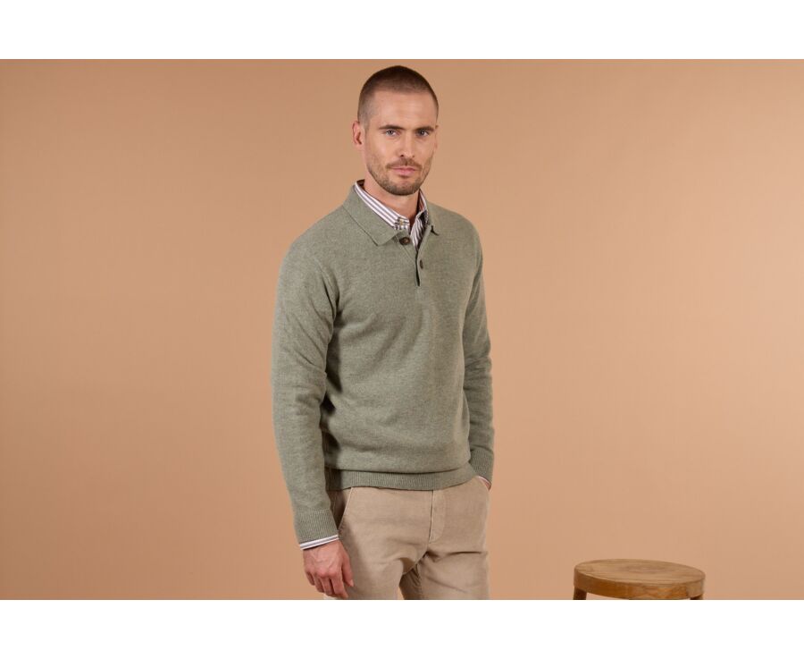 Men's light khaki mélange polo collar lambswool jumper - BRAIDRICK