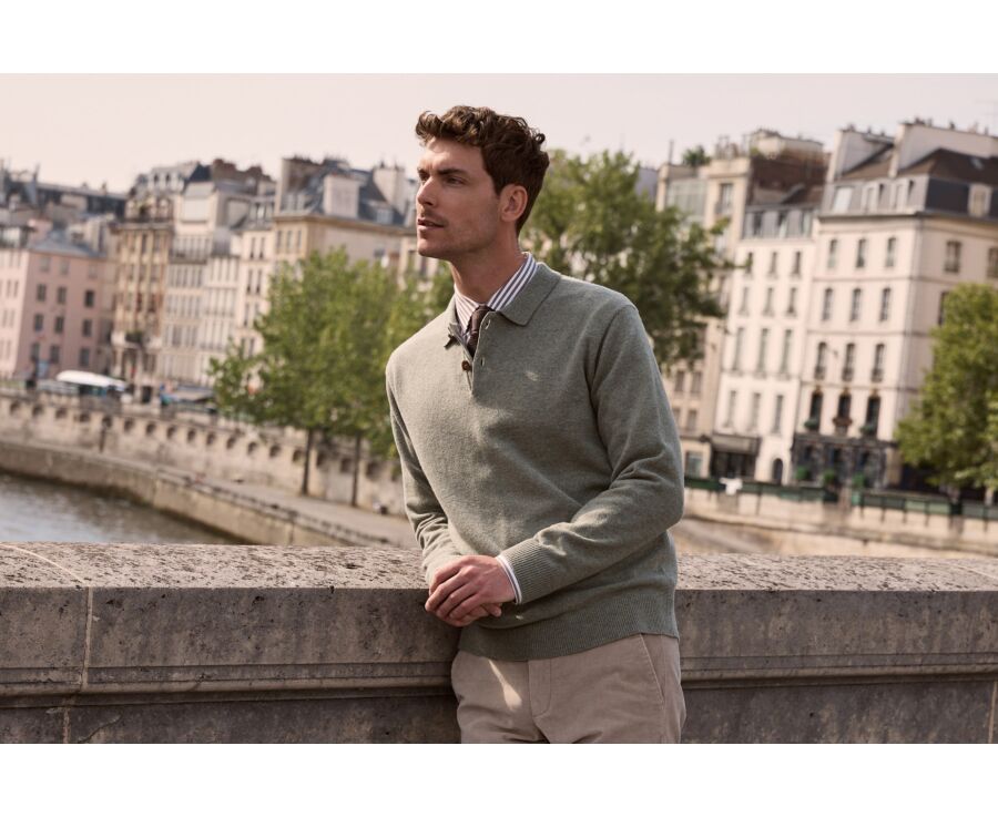 Men's light khaki mélange polo collar lambswool jumper - BRAIDRICK