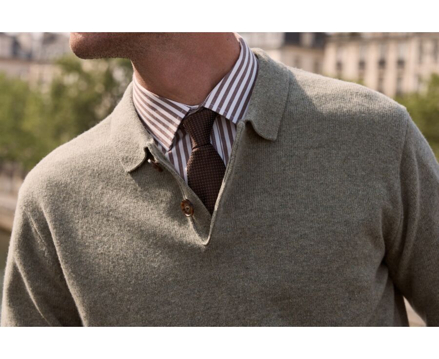 Men's light khaki mélange polo collar lambswool jumper - BRAIDRICK