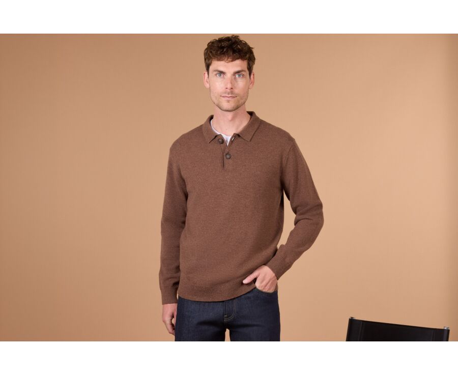 Men's chocolate mélange polo collar lambswool jumper - BRAIDRICK