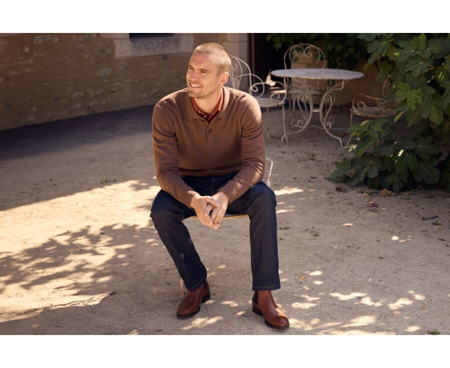 Men's chocolate mélange polo collar lambswool jumper - BRAIDRICK