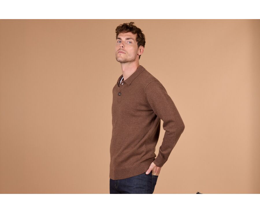 Men's chocolate mélange polo collar lambswool jumper - BRAIDRICK