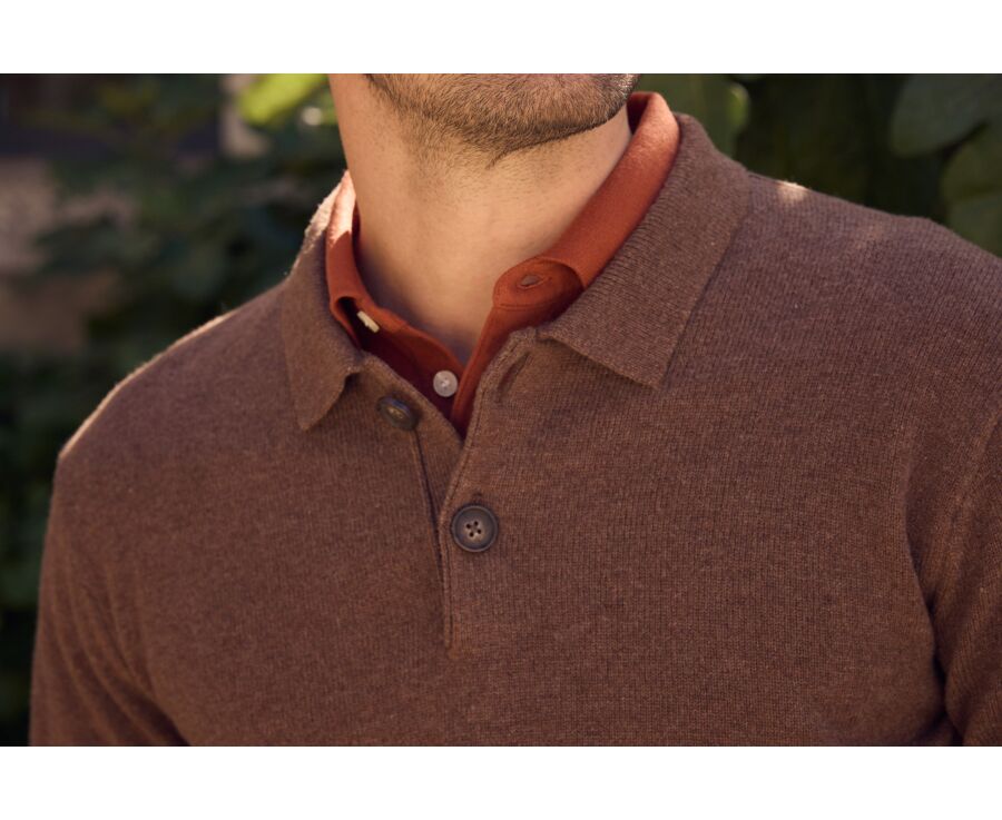 Men's chocolate mélange polo collar lambswool jumper - BRAIDRICK