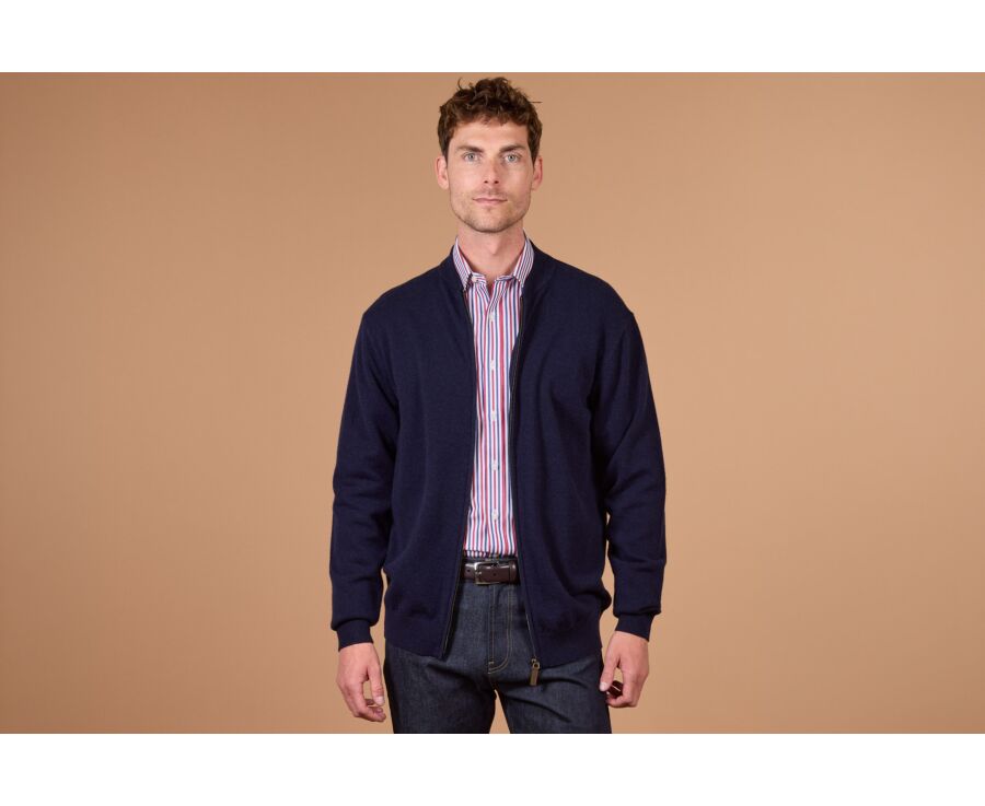 Men's navy full zip lambswool cardigan - BRENNICK