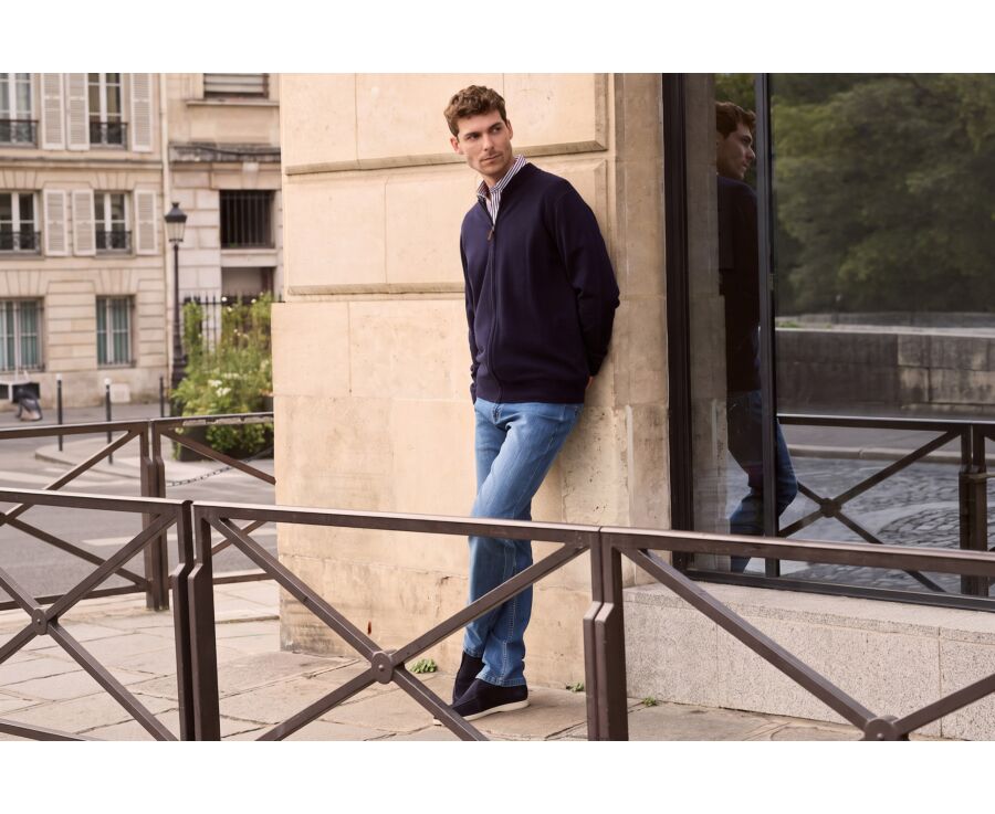 Men's navy full zip lambswool cardigan - BRENNICK