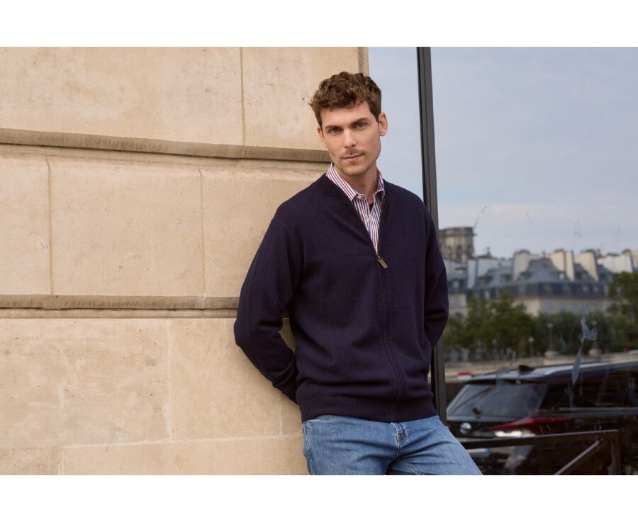 Men's navy full zip lambswool cardigan - BRENNICK