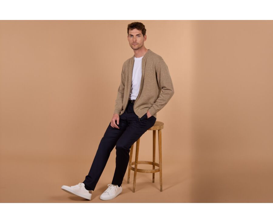 Men's light taupe mélange full zip lambswool cardigan - BRENNICK