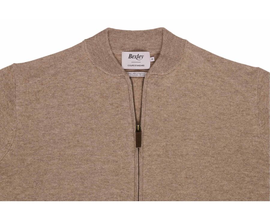 Men's light taupe mélange full zip lambswool cardigan - BRENNICK