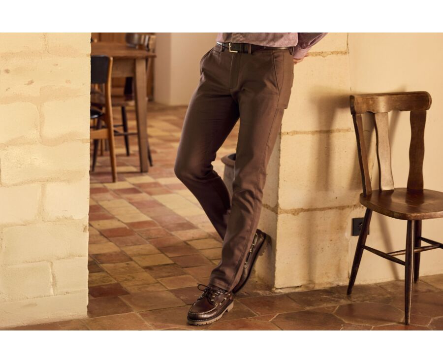 Men's Chocolate Melange wool flannel chino trousers - KYVERS