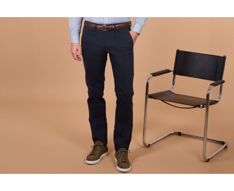 Men's navy cotton dobby chino trousers - NILAN