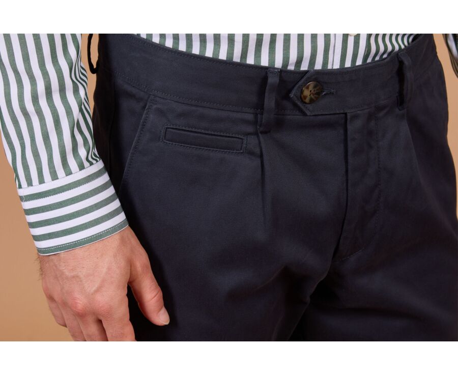 Men's navy pleated cotton twill chino trousers - KAYNAN