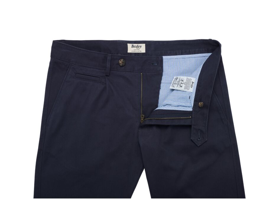 Men's navy pleated cotton twill chino trousers - KAYNAN
