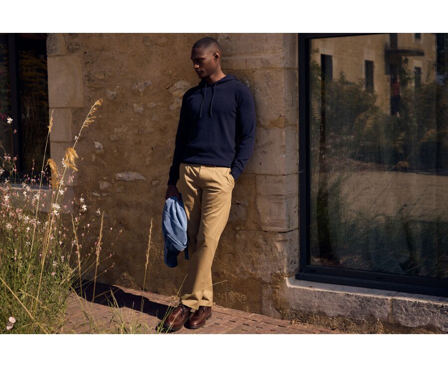 Men's dark camel pleated twill chino trousers - KAYNAN