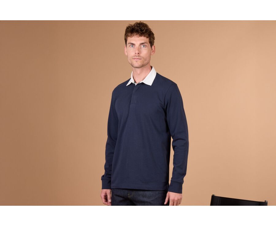 Men's navy washed cotton long sleeve rugby polo - SKYLER