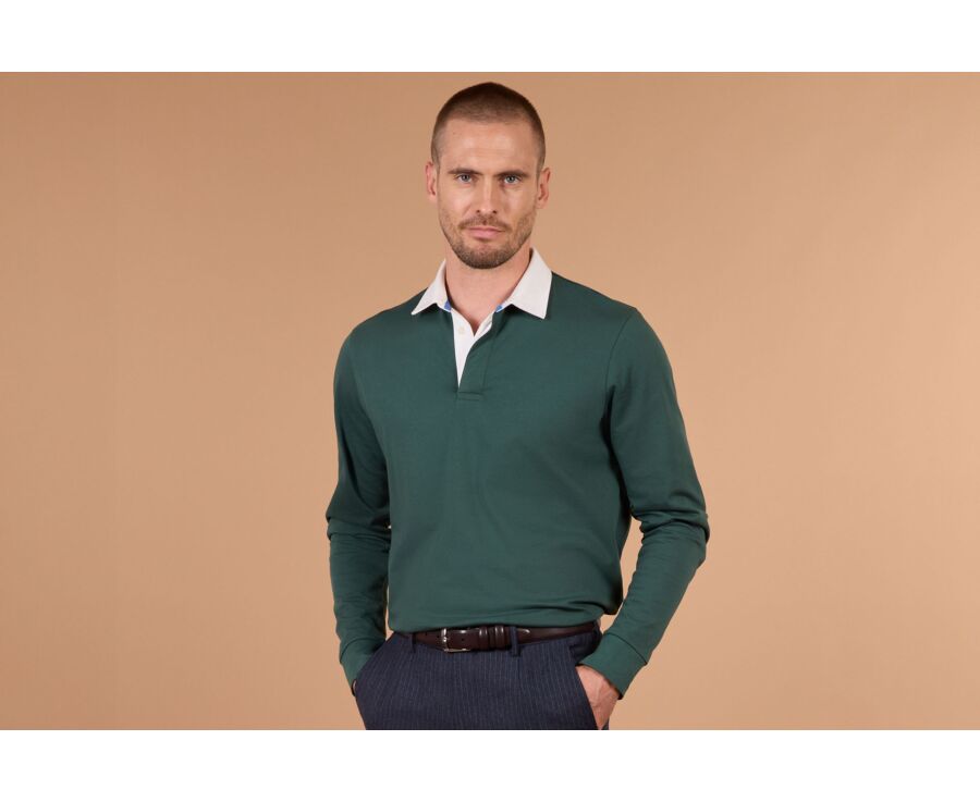 Men's dark green long sleeve rugby polo in washed cotton - SKYLER