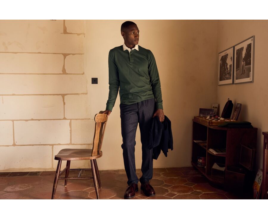 Men's dark green long sleeve rugby polo in washed cotton - SKYLER