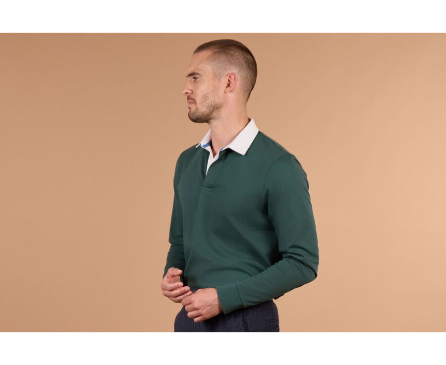 Men's dark green long sleeve rugby polo in washed cotton - SKYLER