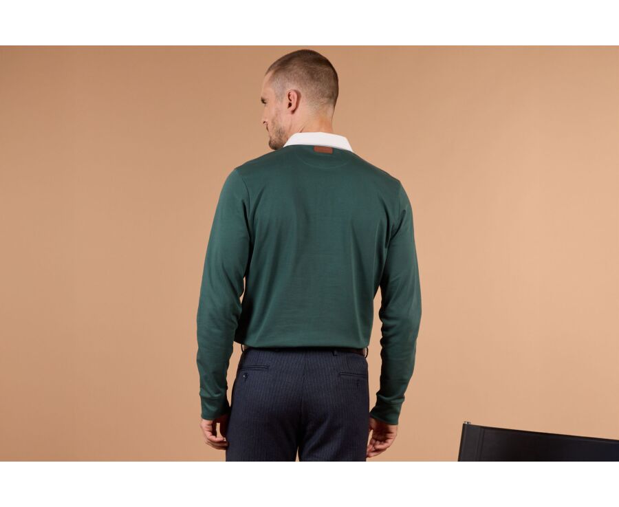 Men's dark green long sleeve rugby polo in washed cotton - SKYLER