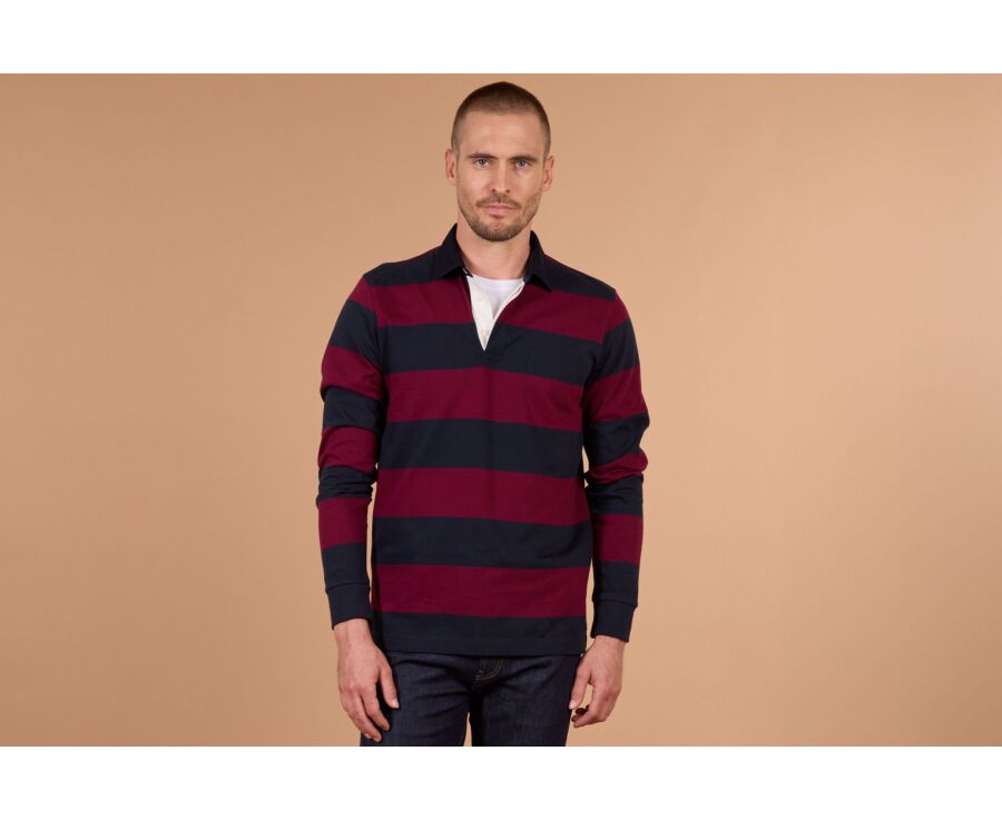 Men's burgundy and navy long sleeve rugby polo - SKYLER