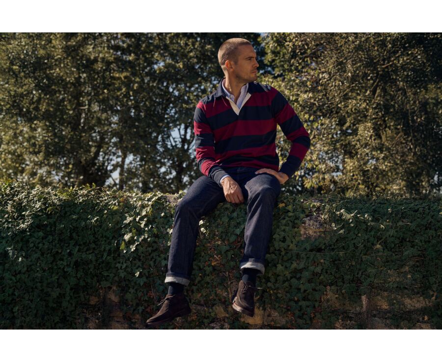 Men's burgundy and navy long sleeve rugby polo - SKYLER