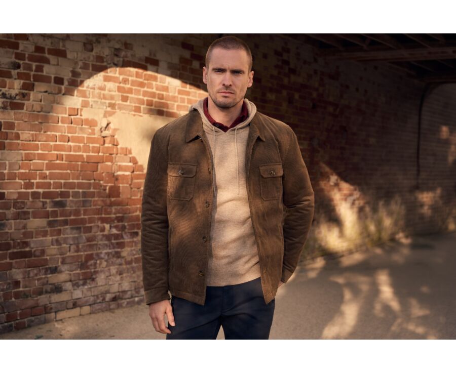 Men's quilted overshirt jacket in khaki velvet - CARSTEN