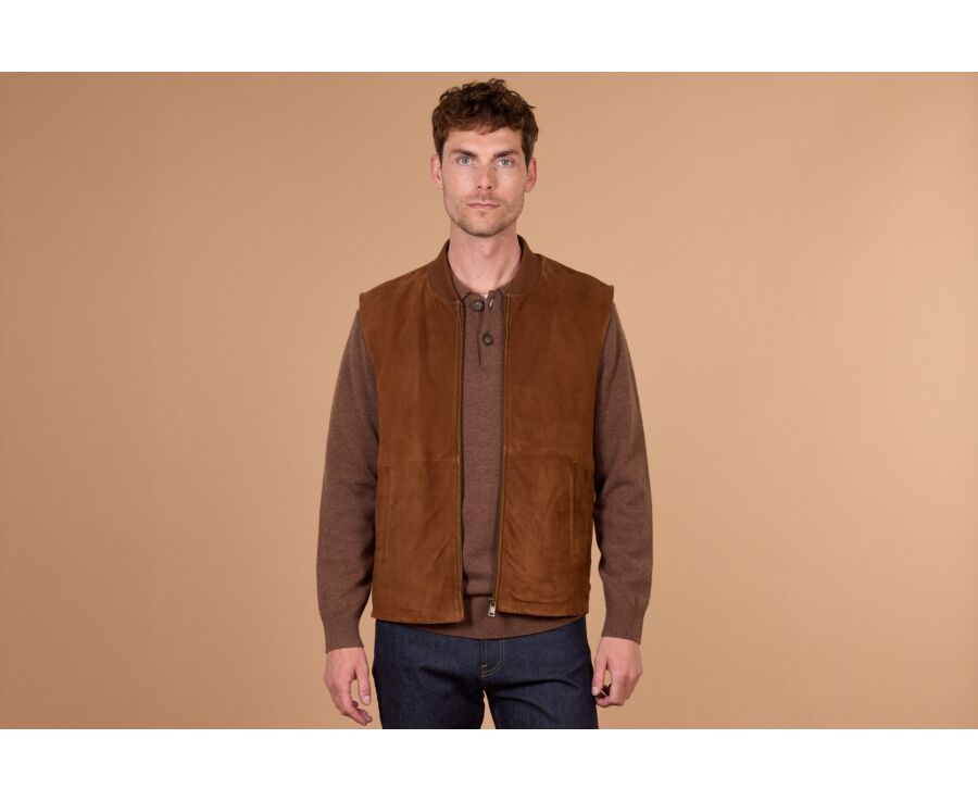 Men's sleeveless gilet in havana goatskin suede - NEVAN