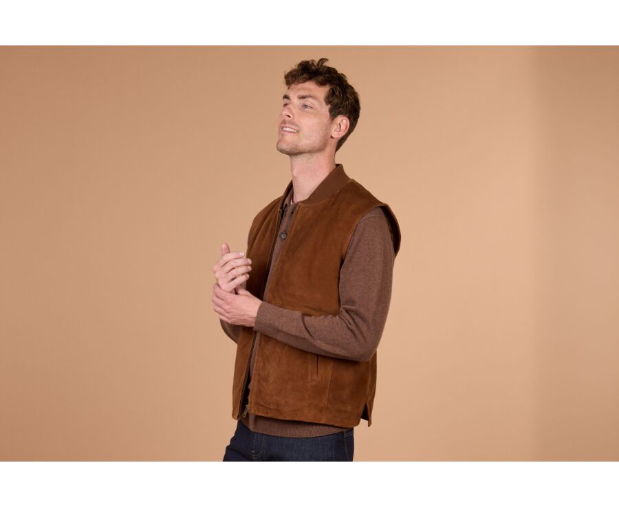 Men's sleeveless gilet in havana goatskin suede - NEVAN