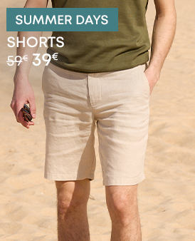 Men’s beige linen shorts, casual summer style.