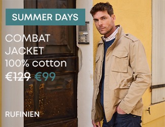 Man wearing a beige 100% cotton field jacket over a smart-casual outfit