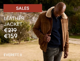 Man wearing a shearling-collar leather jacket on sale.