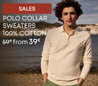 Man in an off-white cotton polo sweater by the sea – from €39