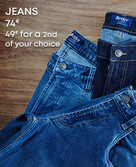 Jeans in light blue and dark blue with the text 'Jeans 74€, 49€ for the 2nd of your choice'