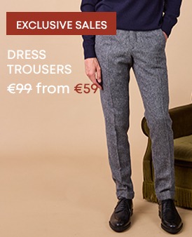 Men’s grey tailored trousers featured in the promotion.