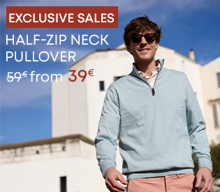 Man in a light blue half-zip pullover outdoors – from €39