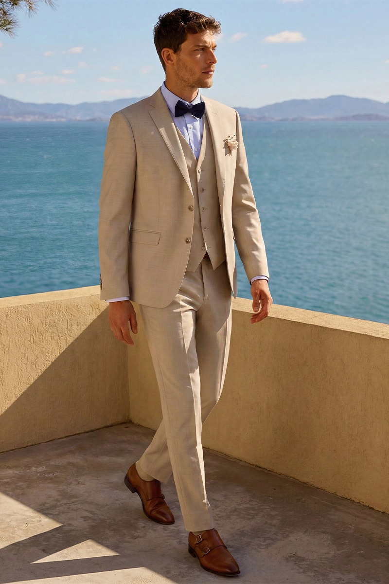 Beige three-piece ceremony suit, timeless style.