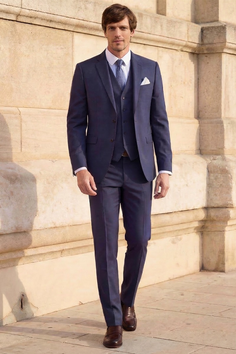 Elegant Blue Melange suit, ideal for special occasions.