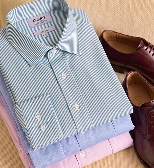Men's striped shirts in light blue and pink, stacked